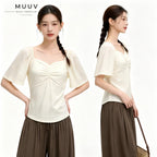 Jacquard Sweetheart Neckline Flutter Sleeve Blouse