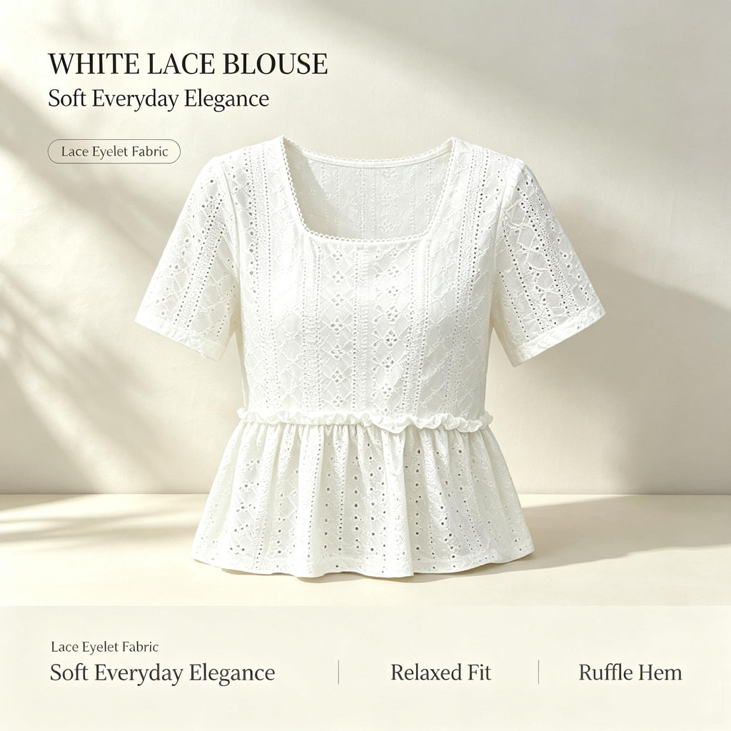 Women Eyelet Embroidery Square Neck Short Sleeve Top