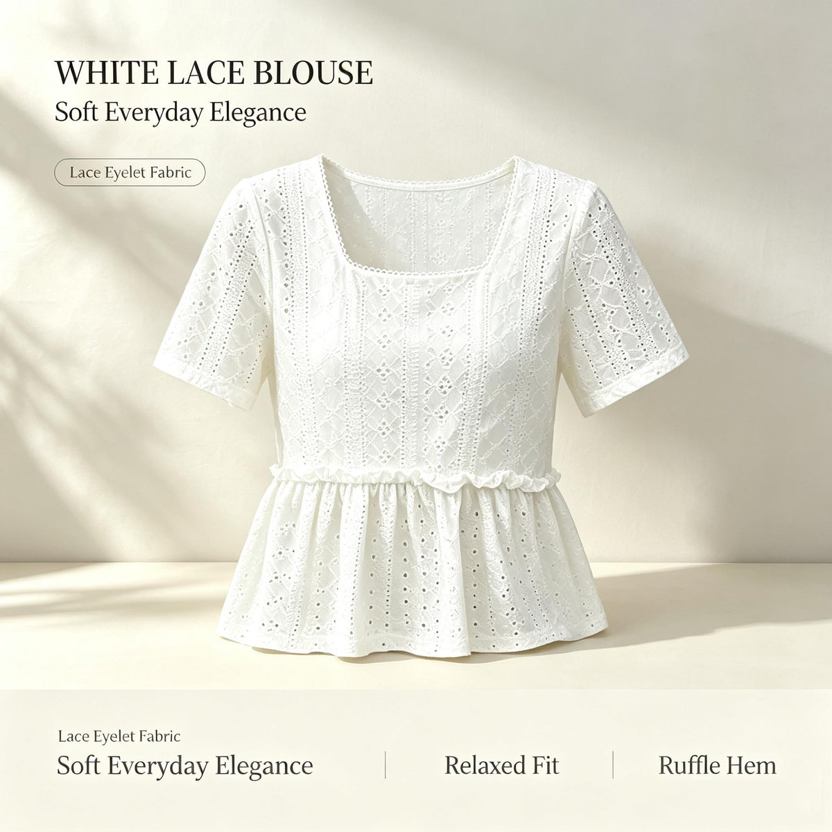 Women Eyelet Embroidery Square Neck Short Sleeve Top