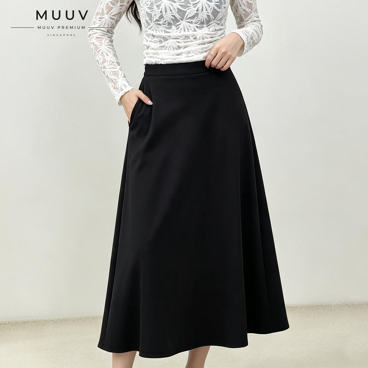 A-Line Solid Black Flared Midi Skirt with Functional Pockets