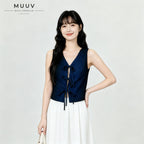 Sleeveless Tie Front Vest V Neck Cropped Top Jacquard Texture Casual Blouse Soft Breathable Fabric New Chinese Style Daily Outfit Summer Fashion Top For Ladies