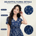 Navy Blue Short Sleeve V Neck Floral Midi Dress
