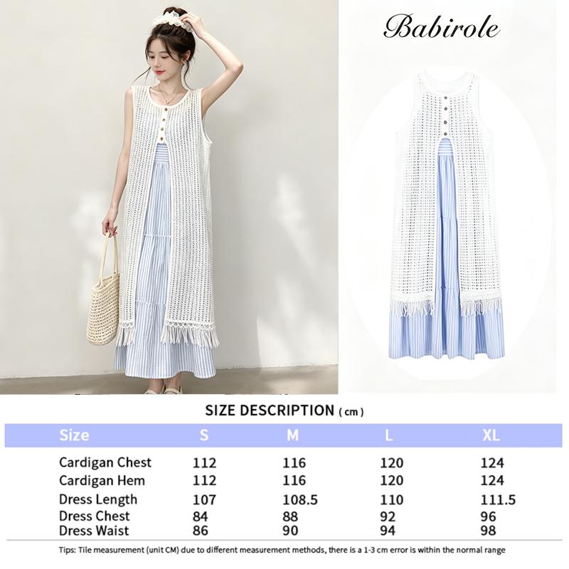 Two Piece Outfit White Hollow Tassel Sleeveless Striped Midi Dress Set