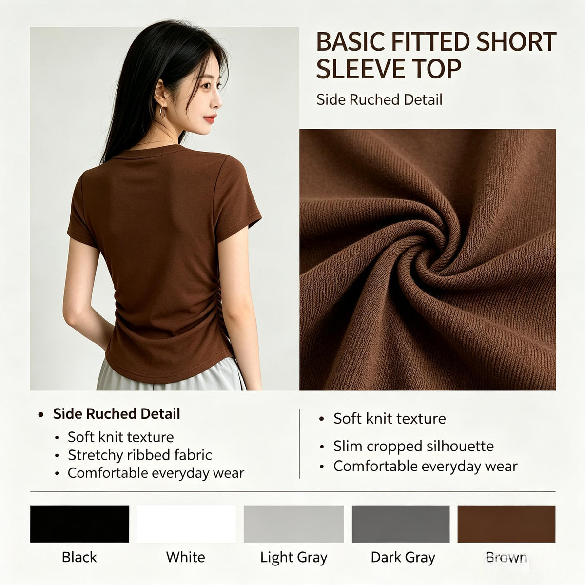 Ruched Round Neck Slim Fit Tee