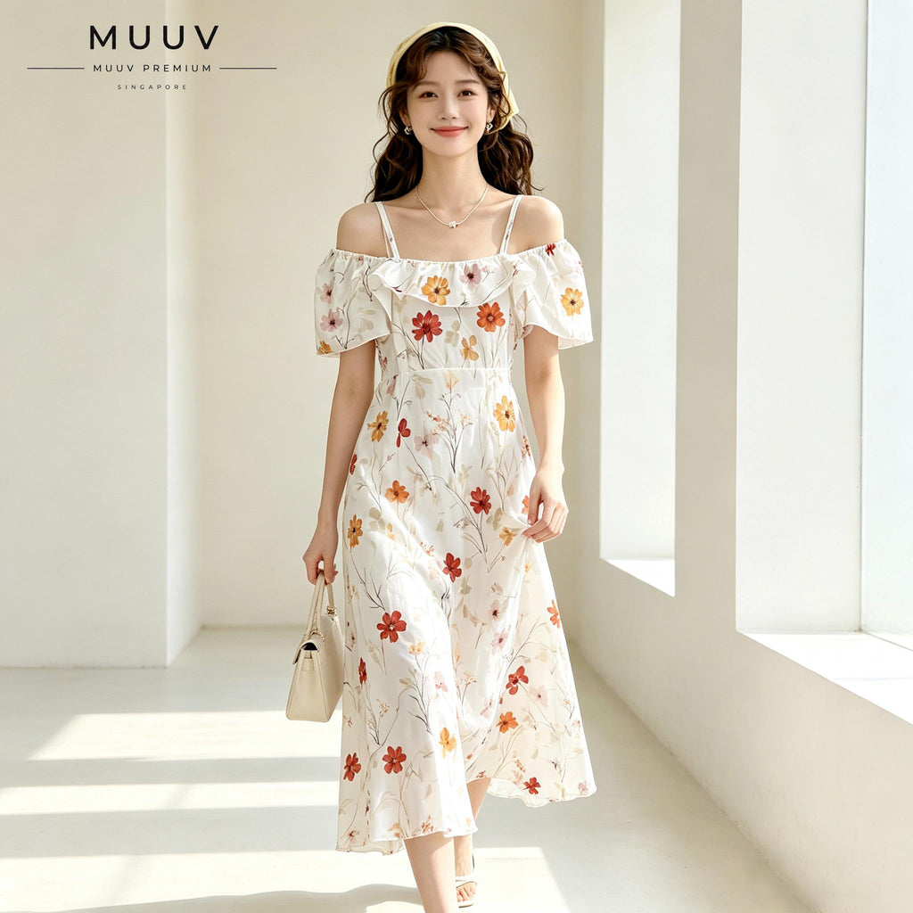 Off Shoulder Spaghetti Strap Floral Midi Dress Ruffle Short Sleeve Flowy A Line Swing Dress Lightweight Chiffon Fabric Summer Vacation Beach Casual Daily Party Weekend Outfit