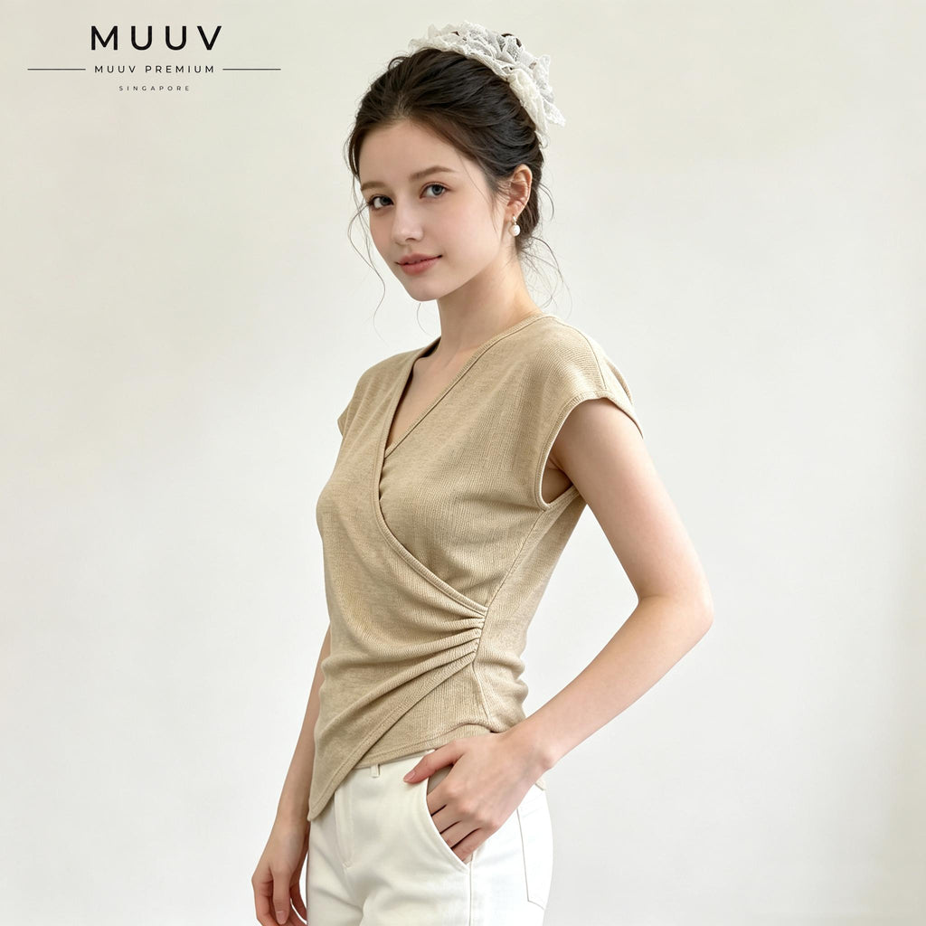 V Neck Knit Blouse Cap Sleeve Side Ruched Irregular Hem