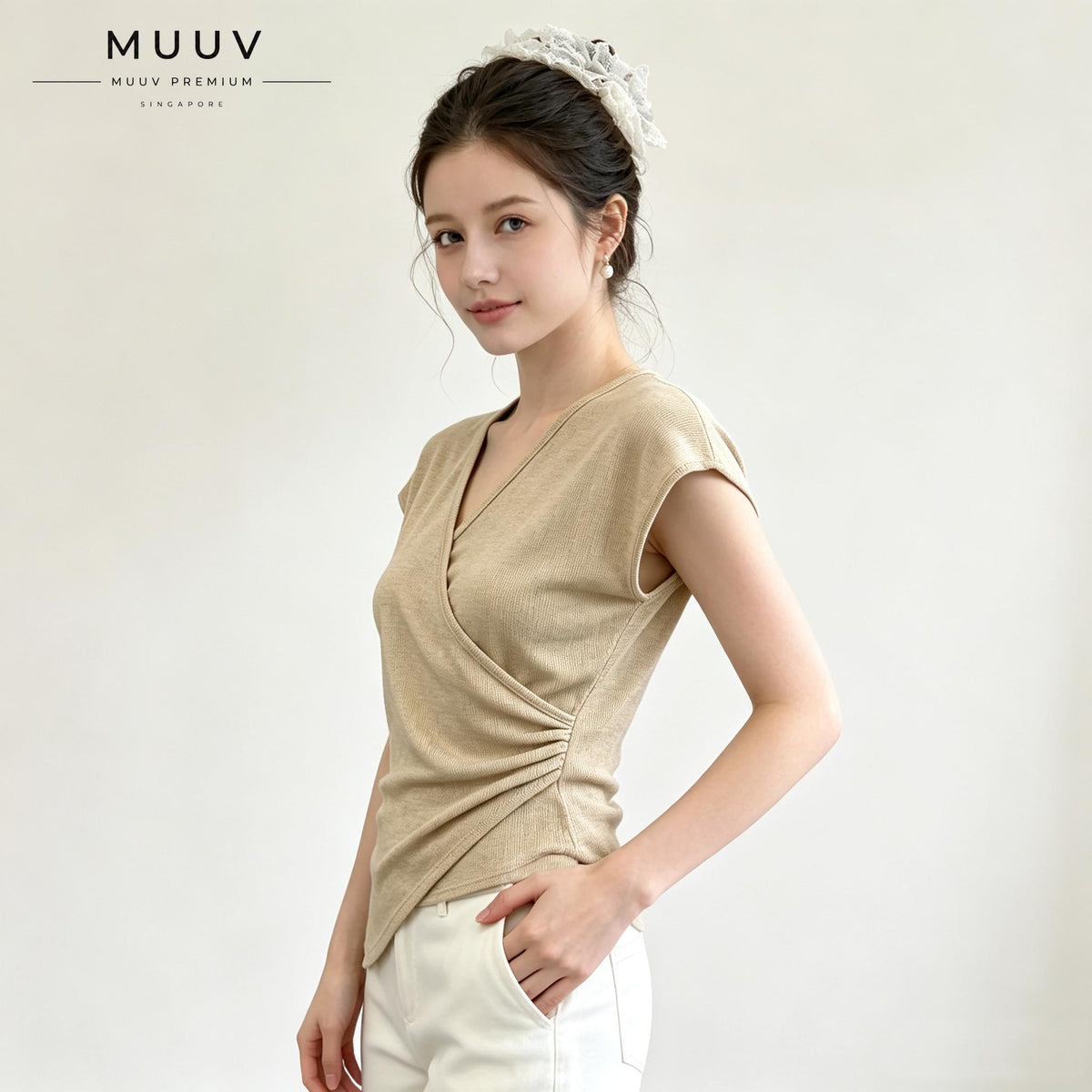 V Neck Knit Blouse Cap Sleeve Side Ruched Irregular Hem