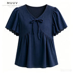 V Neck Navy Embroidery Top