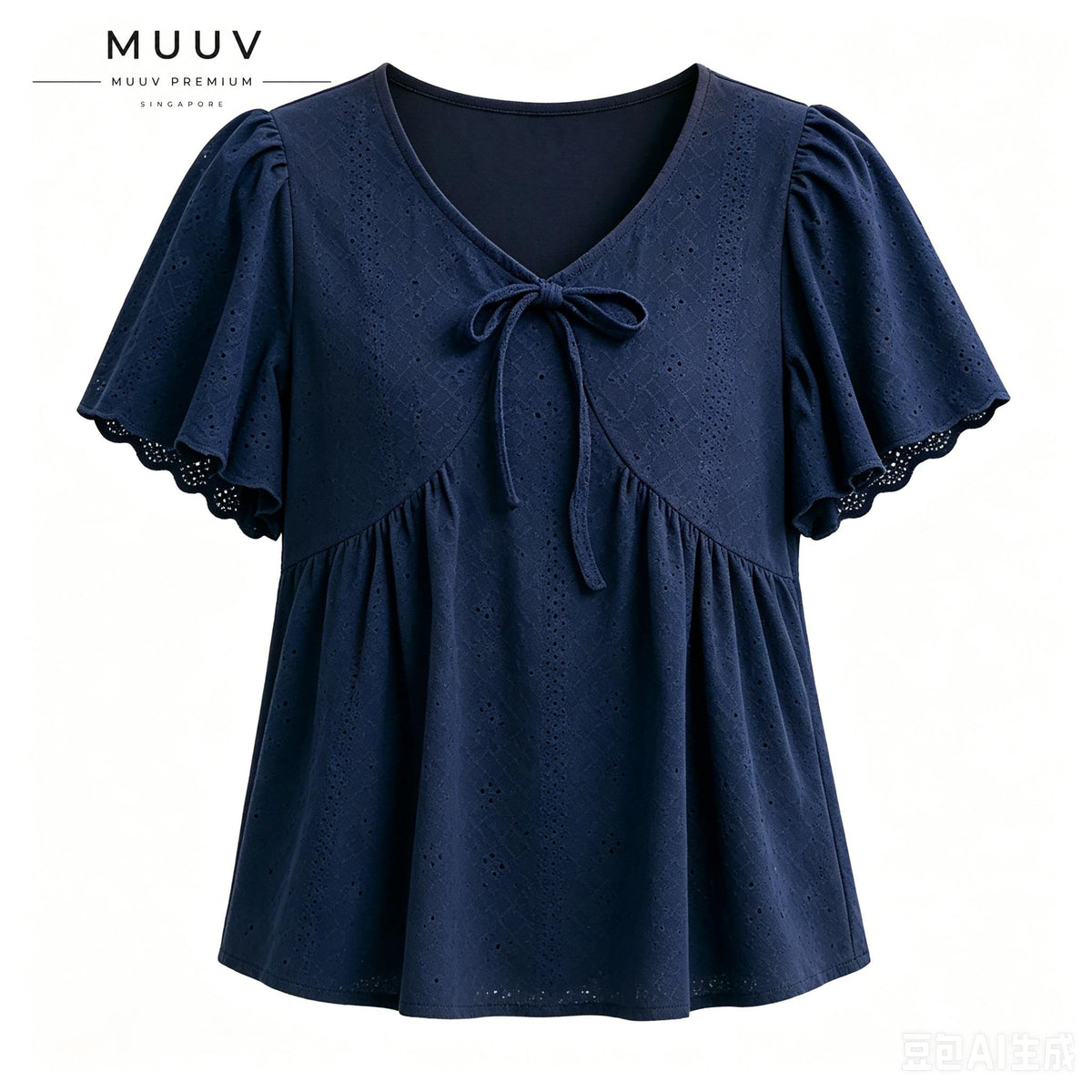 V Neck Navy Embroidery Top
