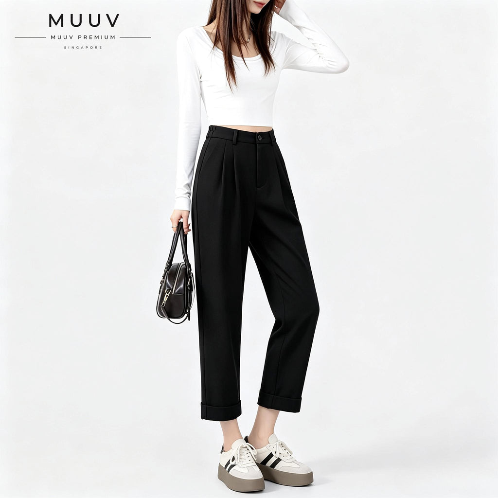 High Waist Pleated Straight Ankle Suit Pants