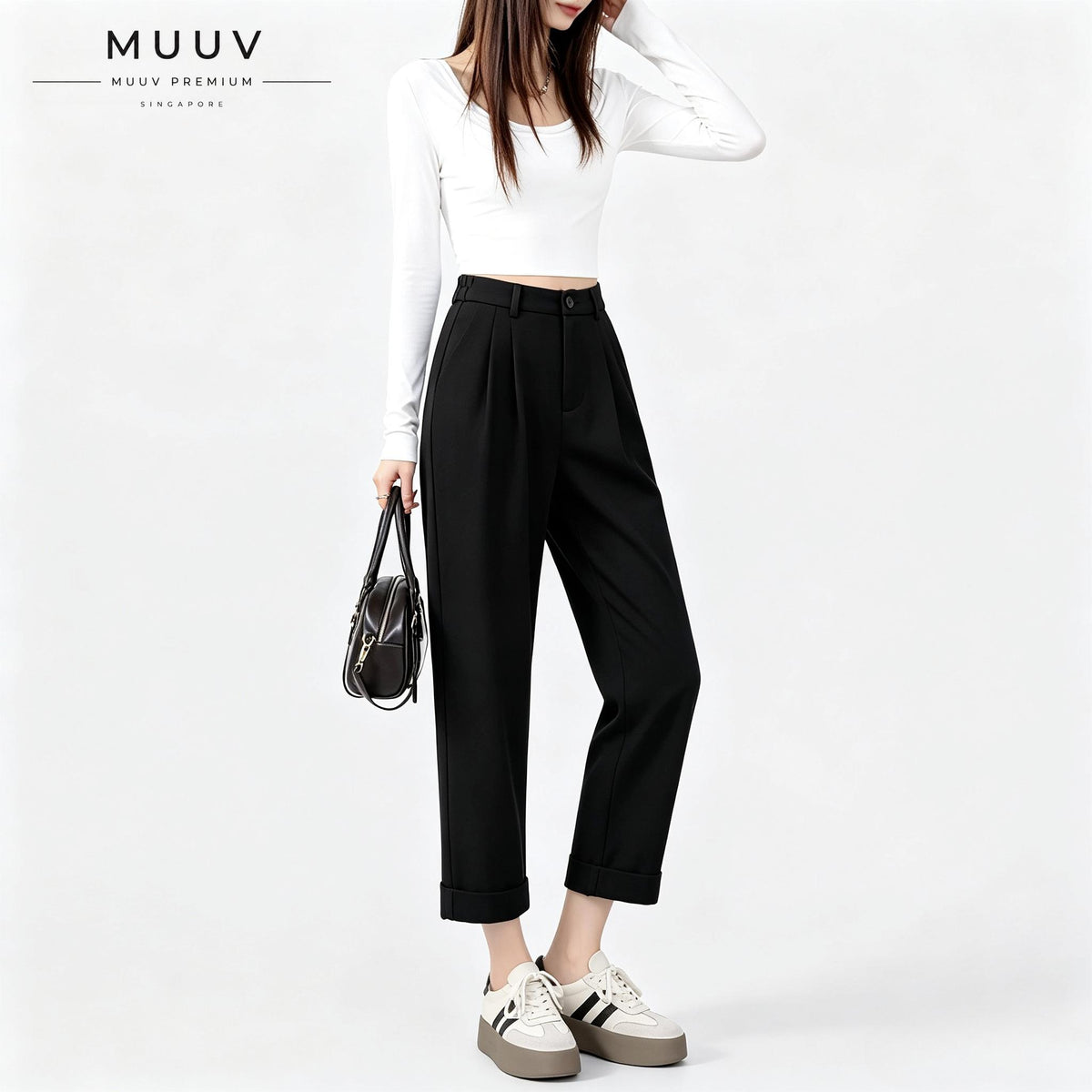 High Waist Pleated Straight Ankle Suit Pants