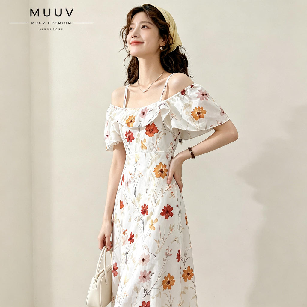 Off Shoulder Spaghetti Strap Floral Midi Dress Ruffle Short Sleeve Flowy A Line Swing Dress Lightweight Chiffon Fabric Summer Vacation Beach Casual Daily Party Weekend Outfit