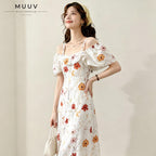 Off Shoulder Spaghetti Strap Floral Midi Dress Ruffle Short Sleeve Flowy A Line Swing Dress Lightweight Chiffon Fabric Summer Vacation Beach Casual Daily Party Weekend Outfit