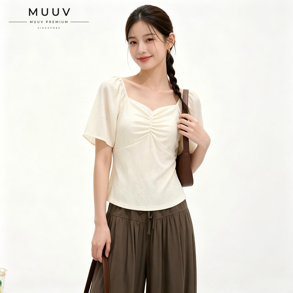 Jacquard Sweetheart Neckline Flutter Sleeve Blouse