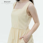 Women Square Neck Sleeveless Plain Midi Dress Tiered Ruffle Hem With Side Pockets