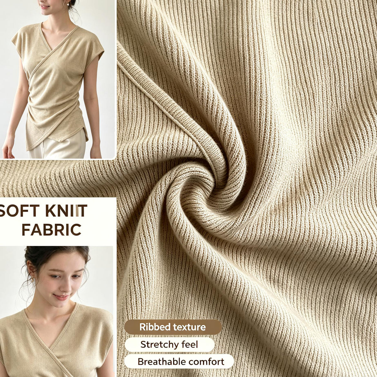 V Neck Knit Blouse Cap Sleeve Side Ruched Irregular Hem