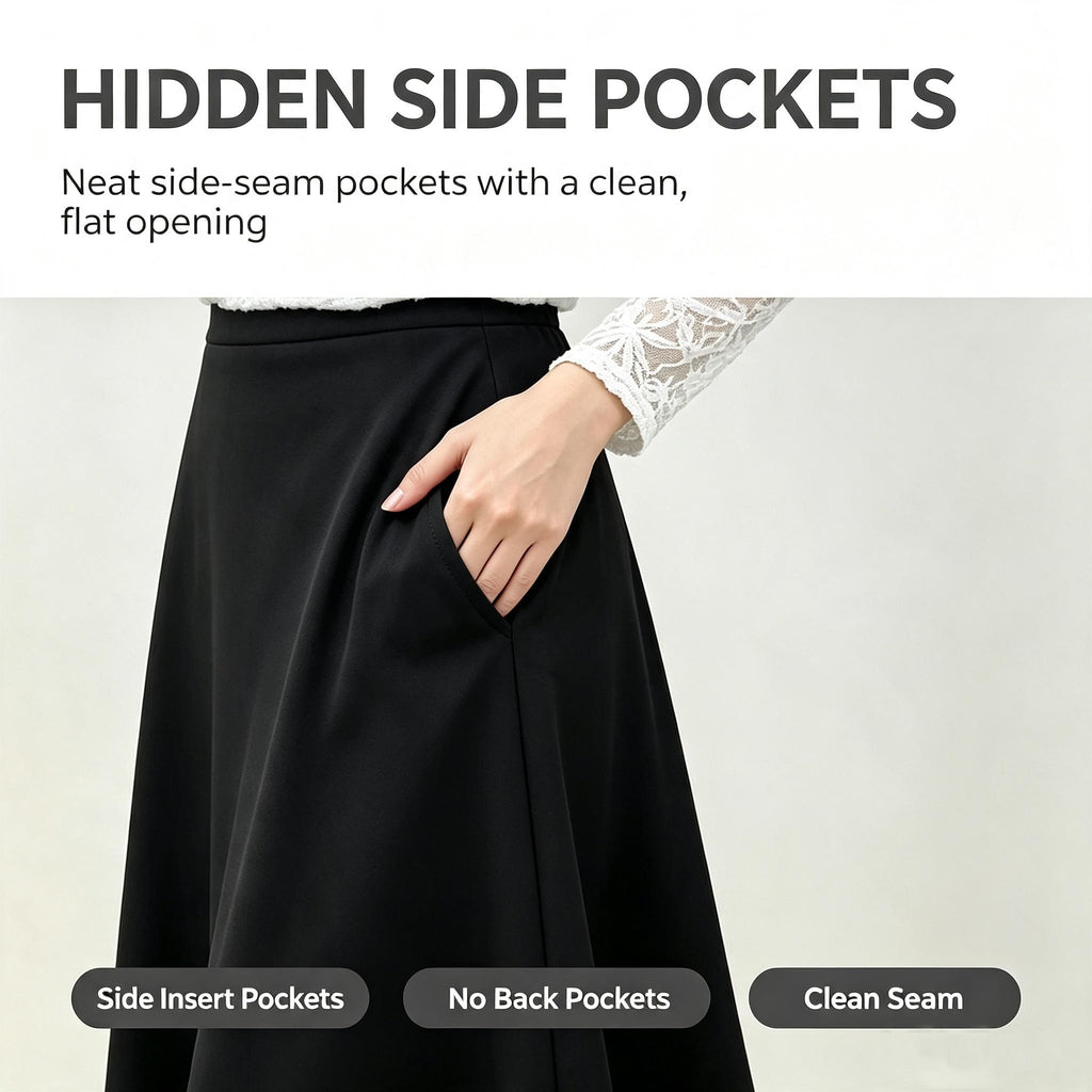 A-Line Solid Black Flared Midi Skirt with Functional Pockets