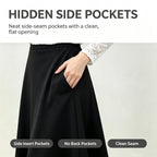 A-Line Solid Black Flared Midi Skirt with Functional Pockets