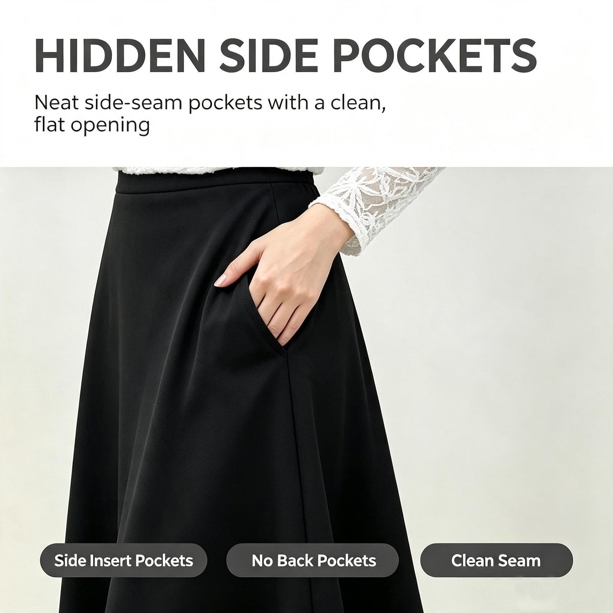 A-Line Solid Black Flared Midi Skirt with Functional Pockets