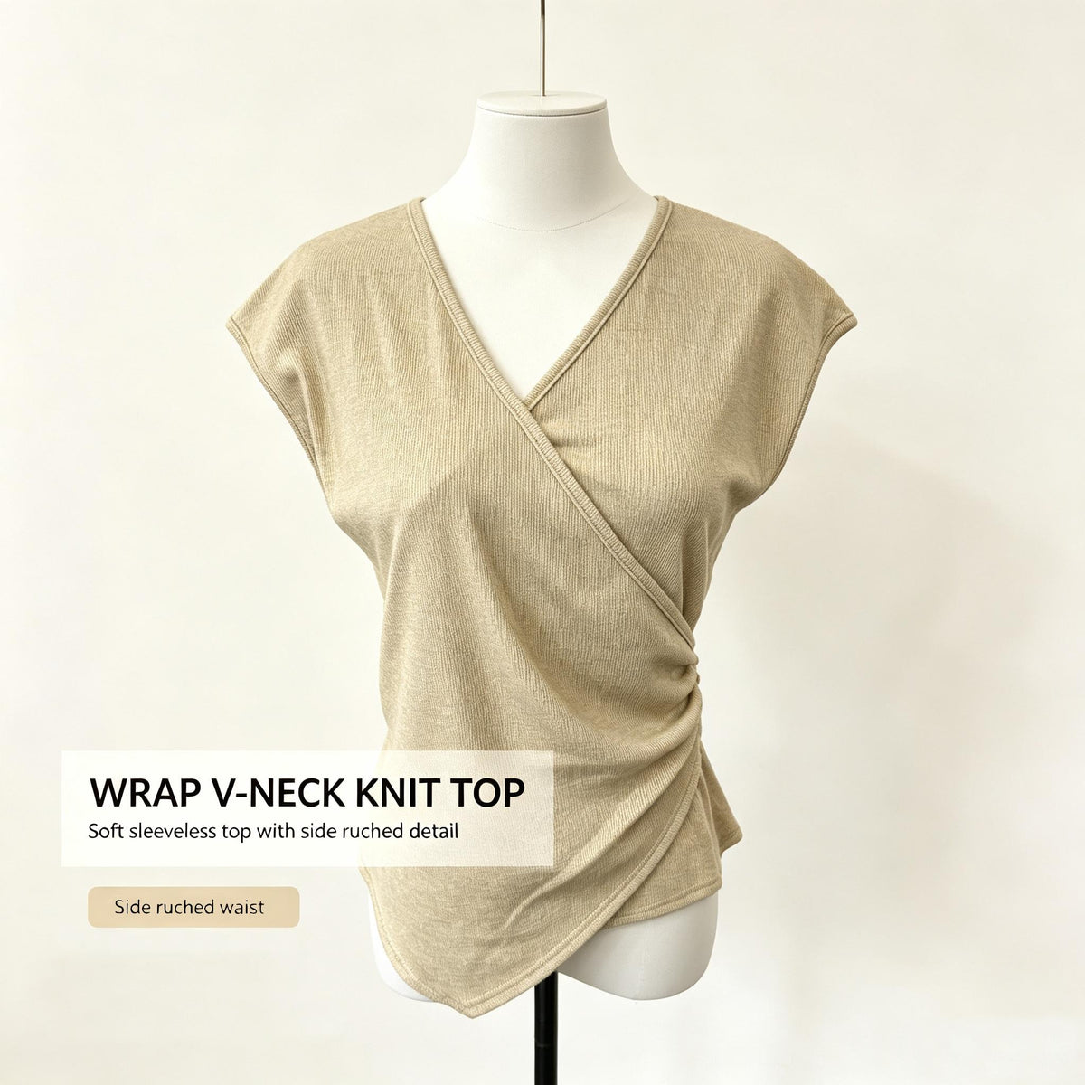 V Neck Knit Blouse Cap Sleeve Side Ruched Irregular Hem