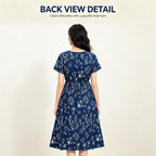Navy Blue Short Sleeve V Neck Floral Midi Dress