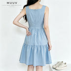 Women Square Neck Sleeveless Plain Midi Dress Tiered Ruffle Hem With Side Pockets