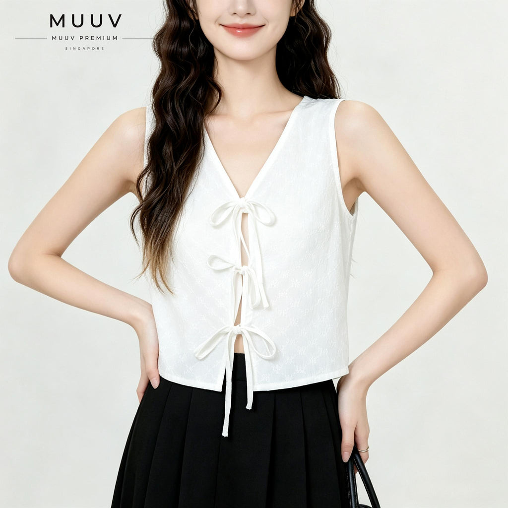 Sleeveless Tie Front Vest V Neck Cropped Top Jacquard Texture Casual Blouse Soft Breathable Fabric New Chinese Style Daily Outfit Summer Fashion Top For Ladies