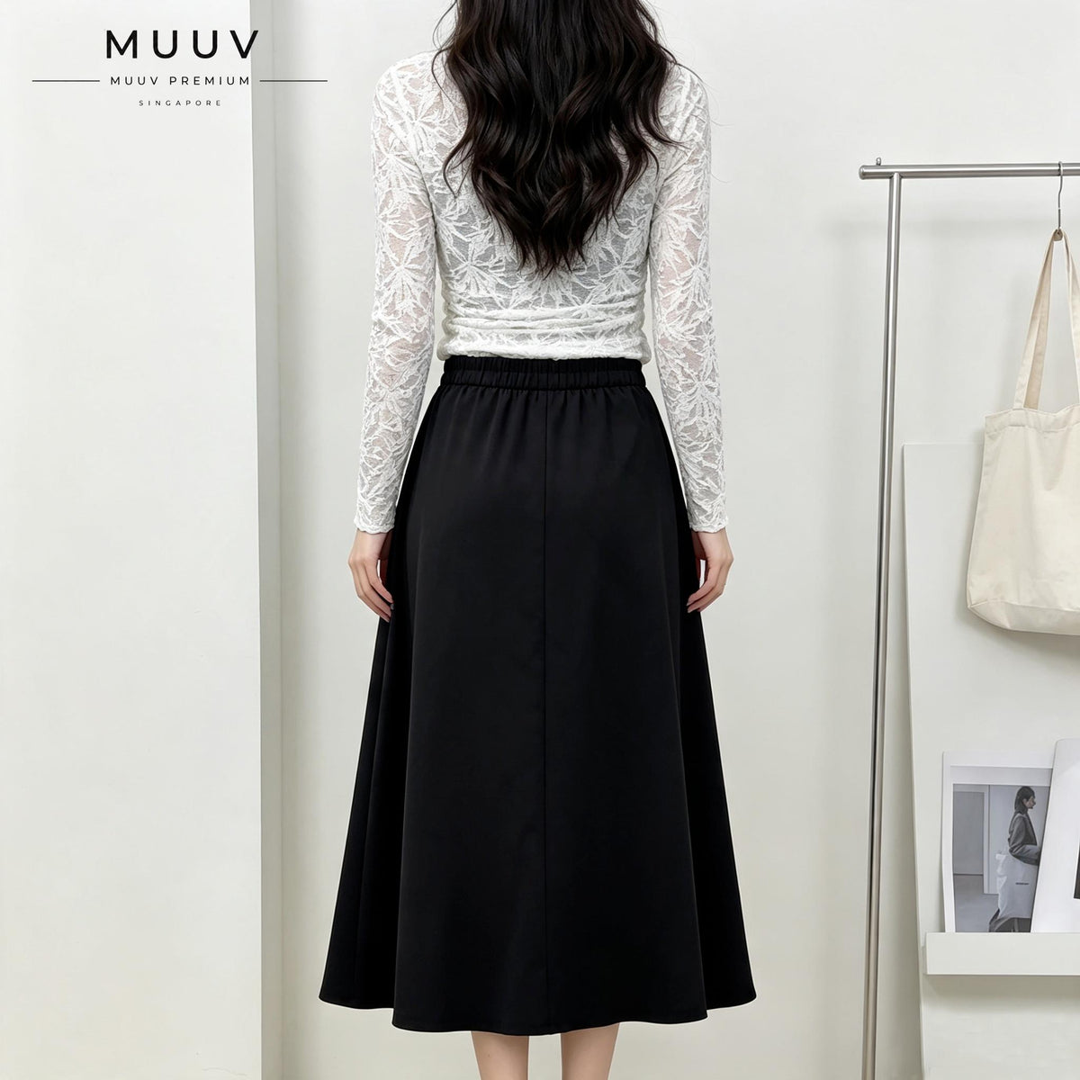 A-Line Solid Black Flared Midi Skirt with Functional Pockets