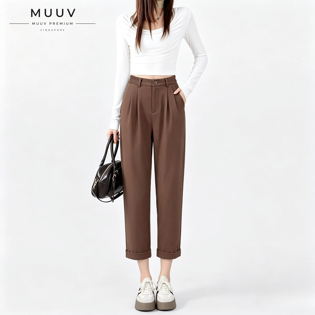 High Waist Pleated Straight Ankle Suit Pants
