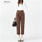High Waist Pleated Straight Ankle Suit Pants