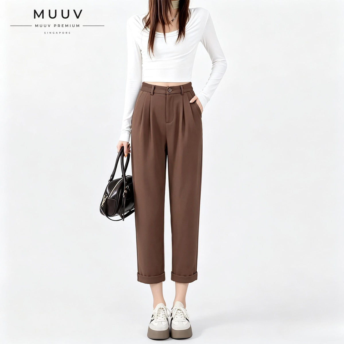 High Waist Pleated Straight Ankle Suit Pants