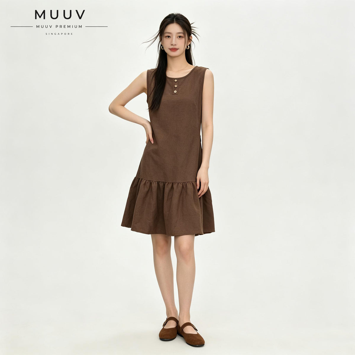 Brown Sleeveless Ruffle Hem Mini A Line Dress