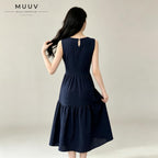 Sleeveless A Line Gathered Round Neck Back Keyhole Midi Dress