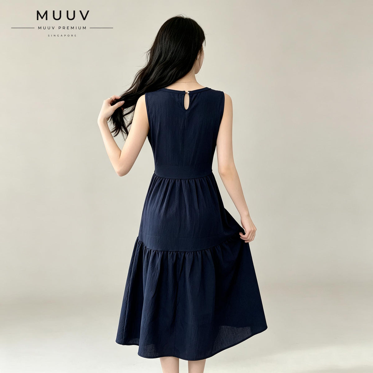 Sleeveless A Line Gathered Round Neck Back Keyhole Midi Dress