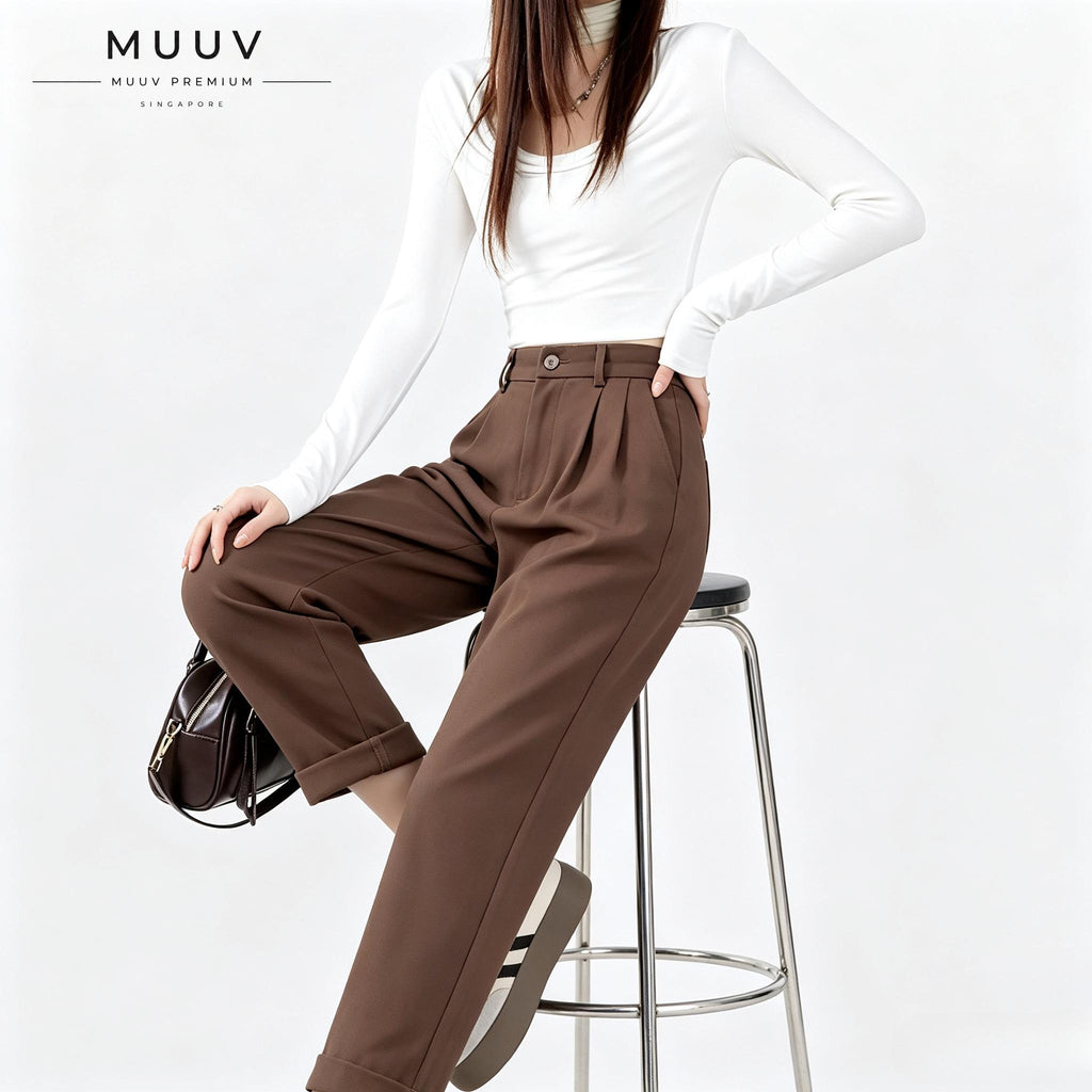High Waist Pleated Straight Ankle Suit Pants