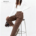 High Waist Pleated Straight Ankle Suit Pants