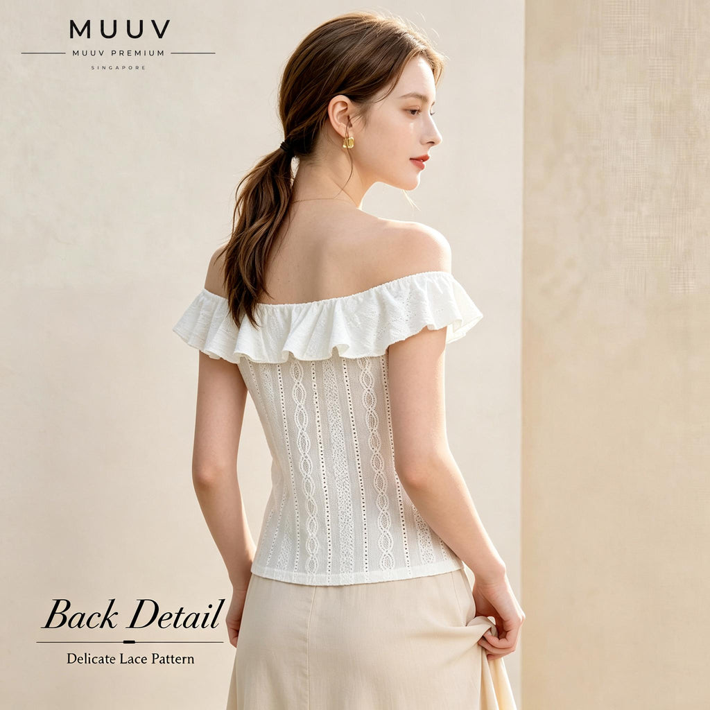 Women Eyelet Embroidery Ruffle Convertible Neck Knit Top