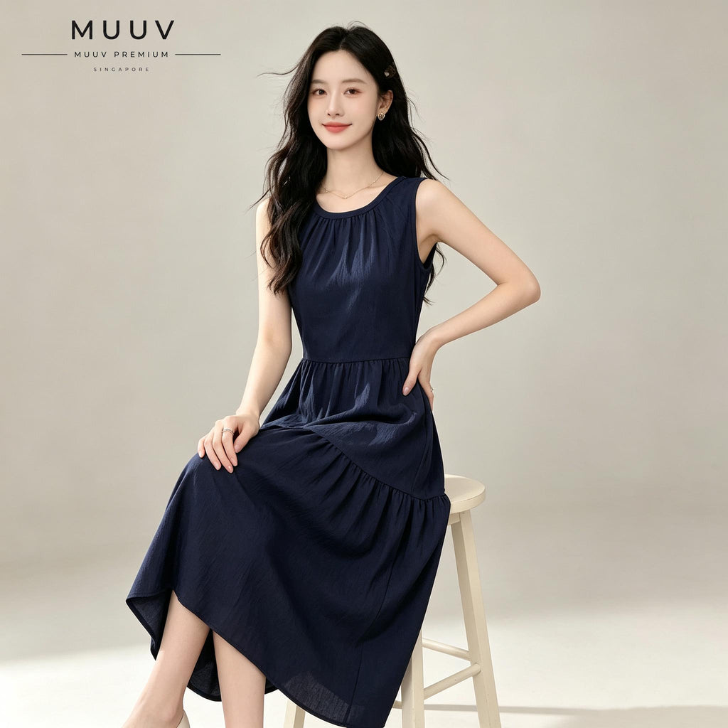 Sleeveless A Line Gathered Round Neck Back Keyhole Midi Dress