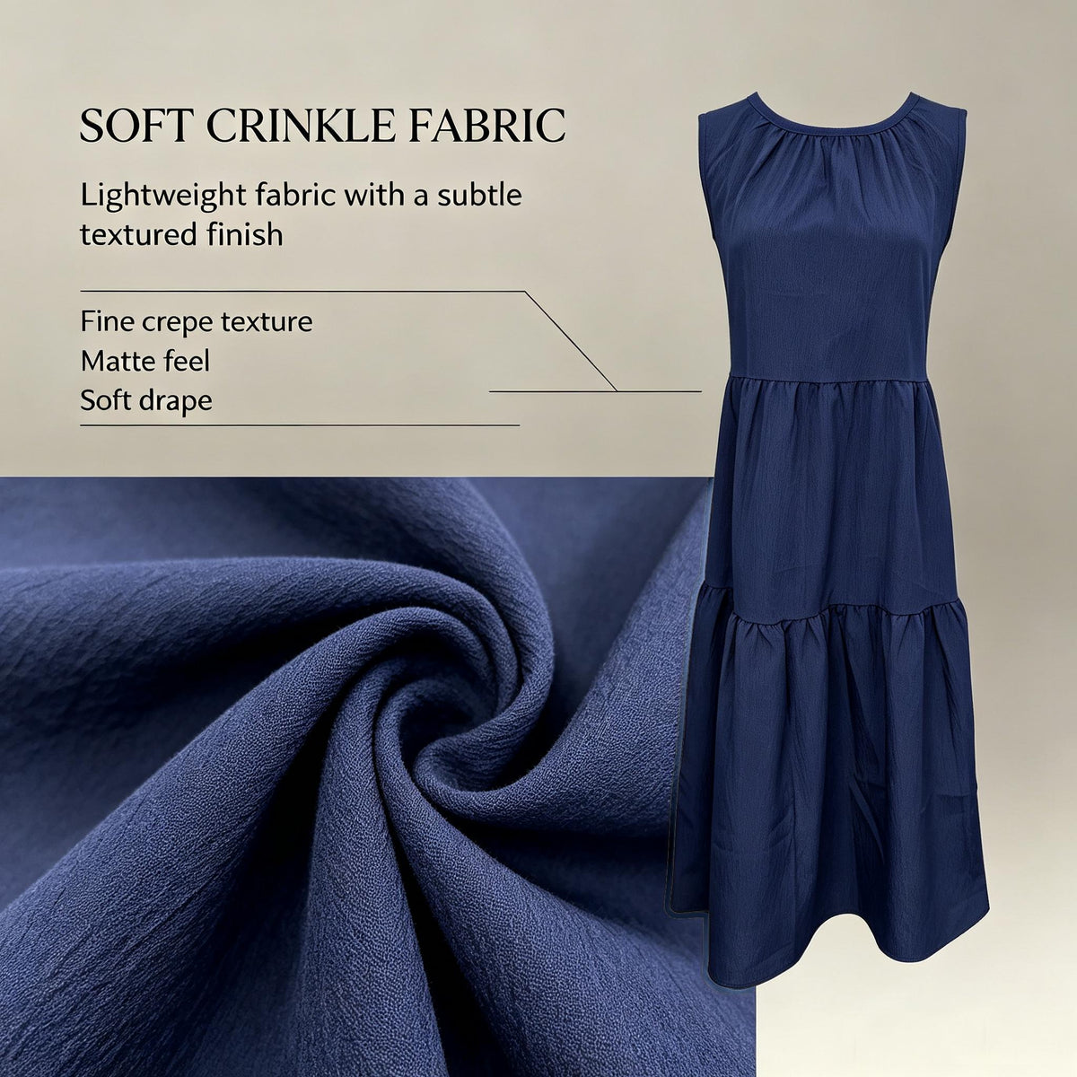 Sleeveless A Line Gathered Round Neck Back Keyhole Midi Dress