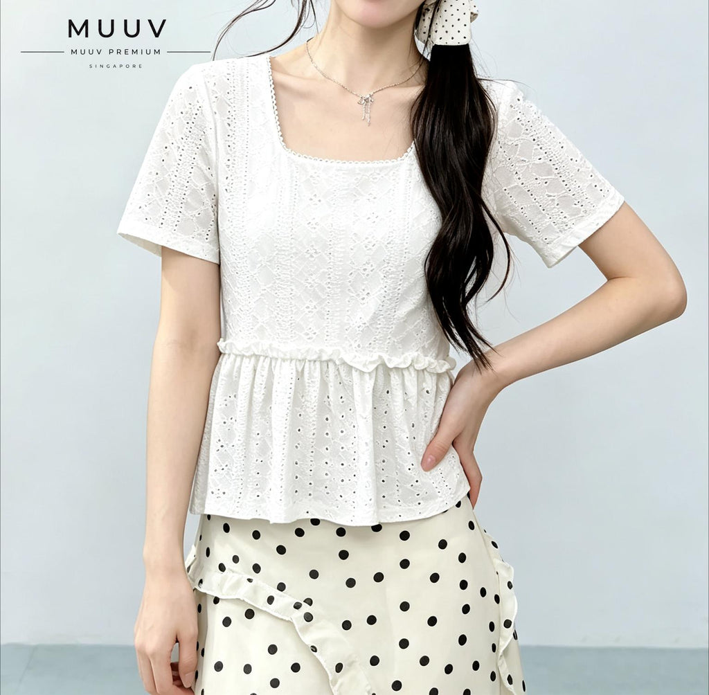 Women Eyelet Embroidery Square Neck Short Sleeve Top