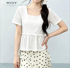 Women Eyelet Embroidery Square Neck Short Sleeve Top