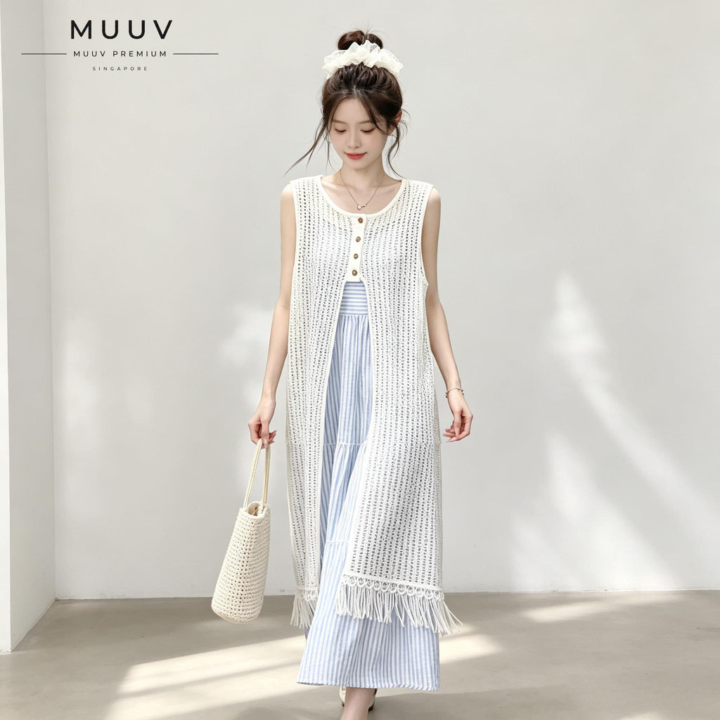 Two Piece Outfit White Hollow Tassel Sleeveless Striped Midi Dress Set