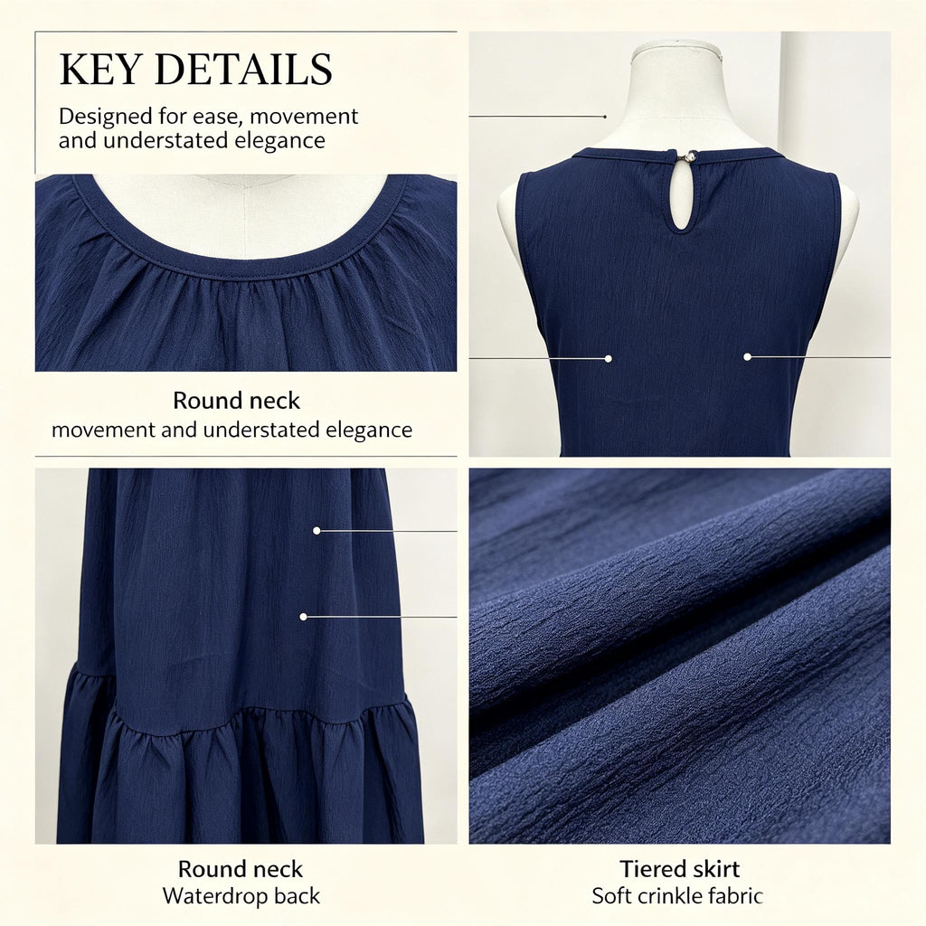 Sleeveless A Line Gathered Round Neck Back Keyhole Midi Dress