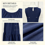 Sleeveless A Line Gathered Round Neck Back Keyhole Midi Dress