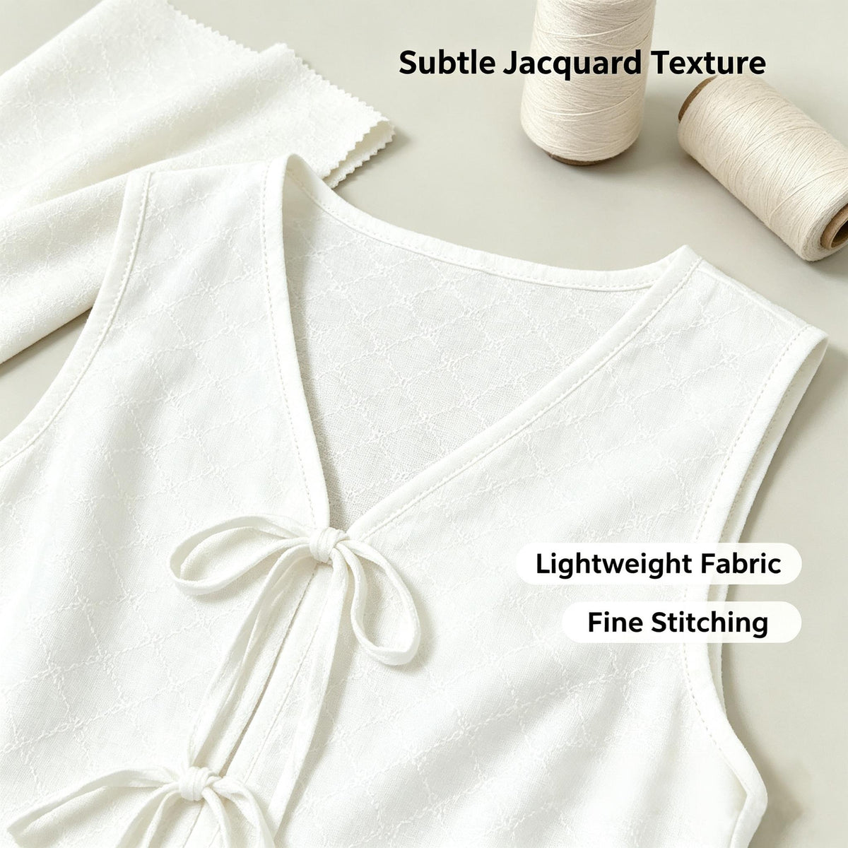 Sleeveless Tie Front Vest V Neck Cropped Top Jacquard Texture Casual Blouse Soft Breathable Fabric New Chinese Style Daily Outfit Summer Fashion Top For Ladies