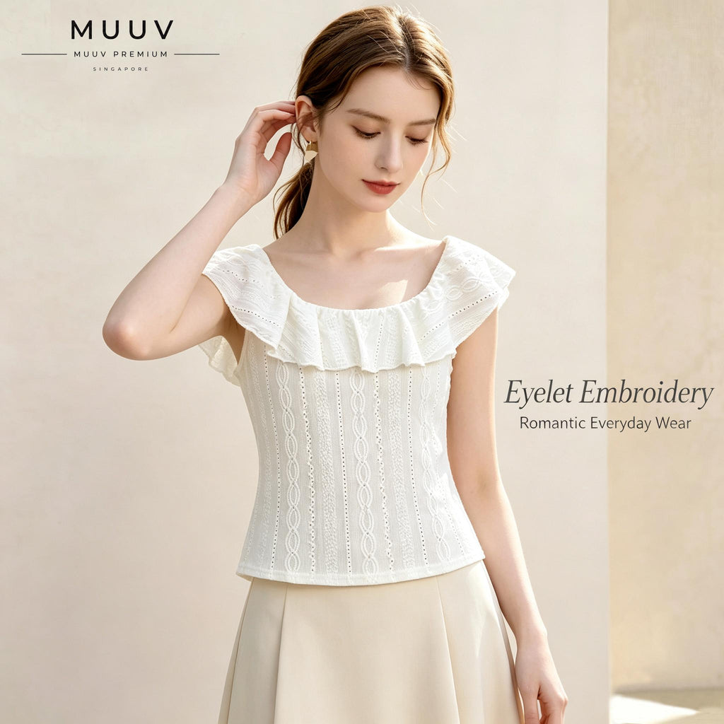 Women Eyelet Embroidery Ruffle Convertible Neck Knit Top