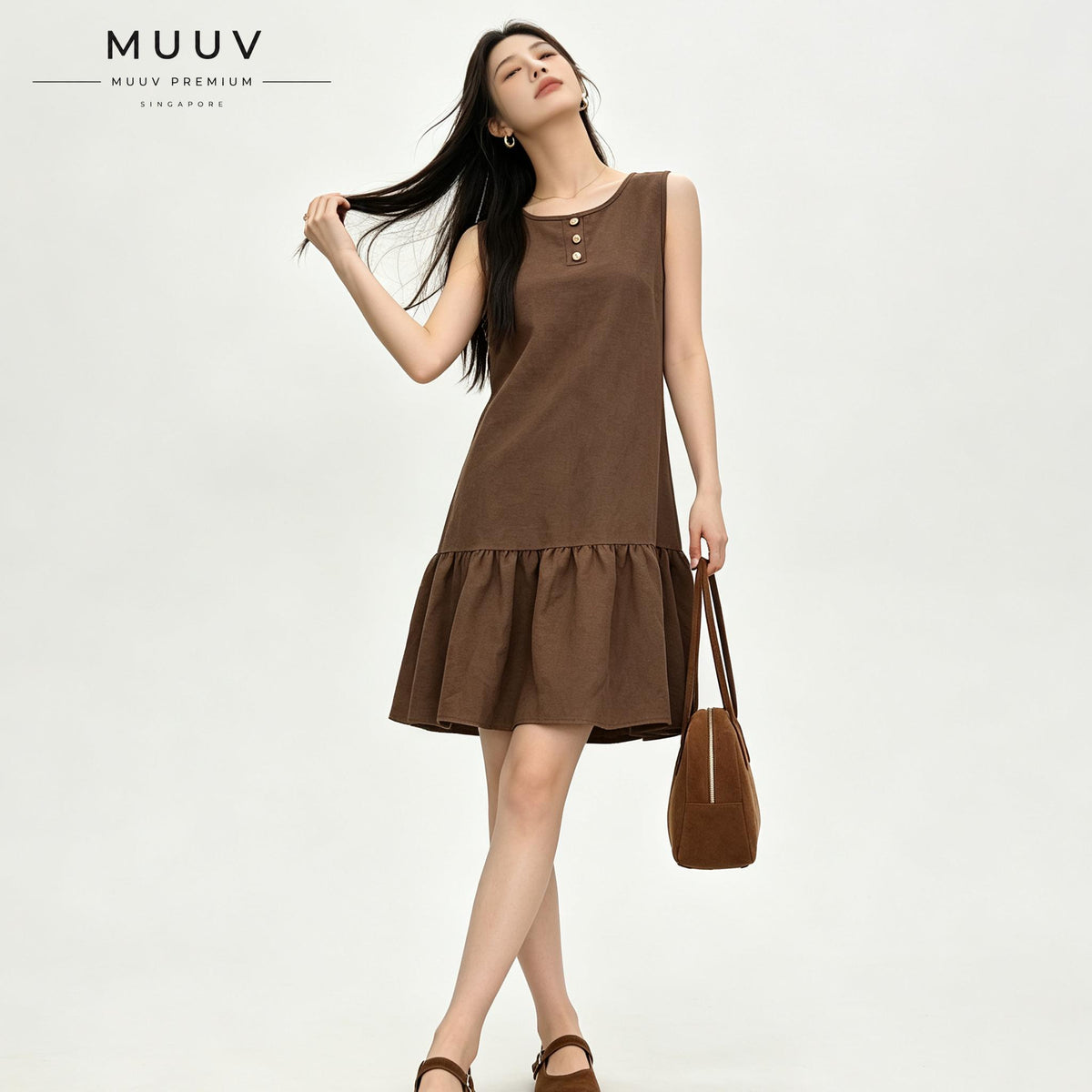 Brown Sleeveless Ruffle Hem Mini A Line Dress