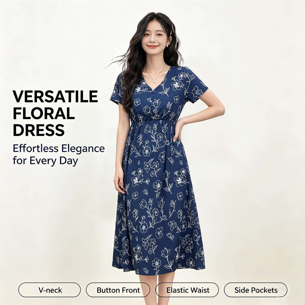 Navy Blue Short Sleeve V Neck Floral Midi Dress