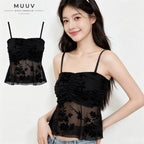 Gathered Bust Floral Mesh Camisole Peplum Flounce Hem