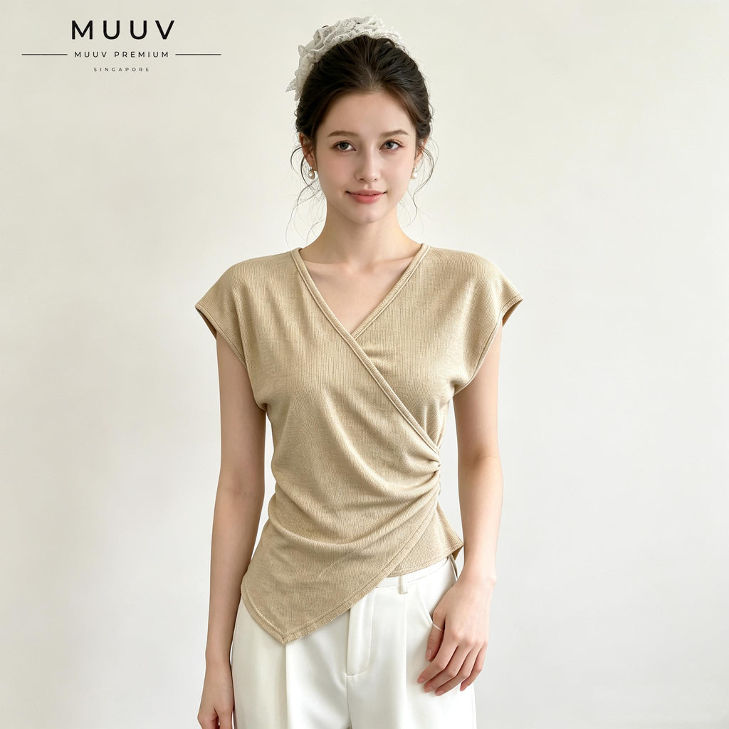 V Neck Knit Blouse Cap Sleeve Side Ruched Irregular Hem